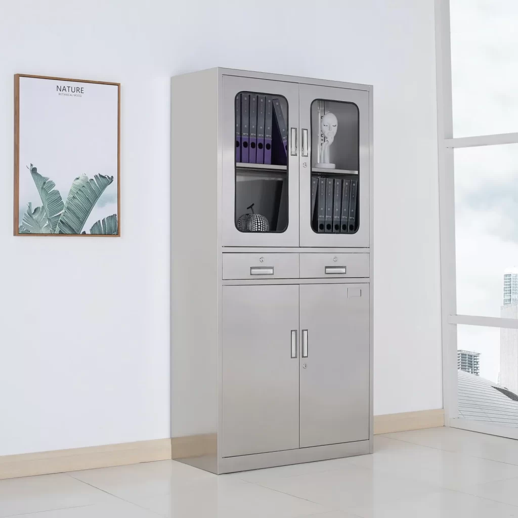 upper glass lower stainless steel filing cabinet with 2 drawers