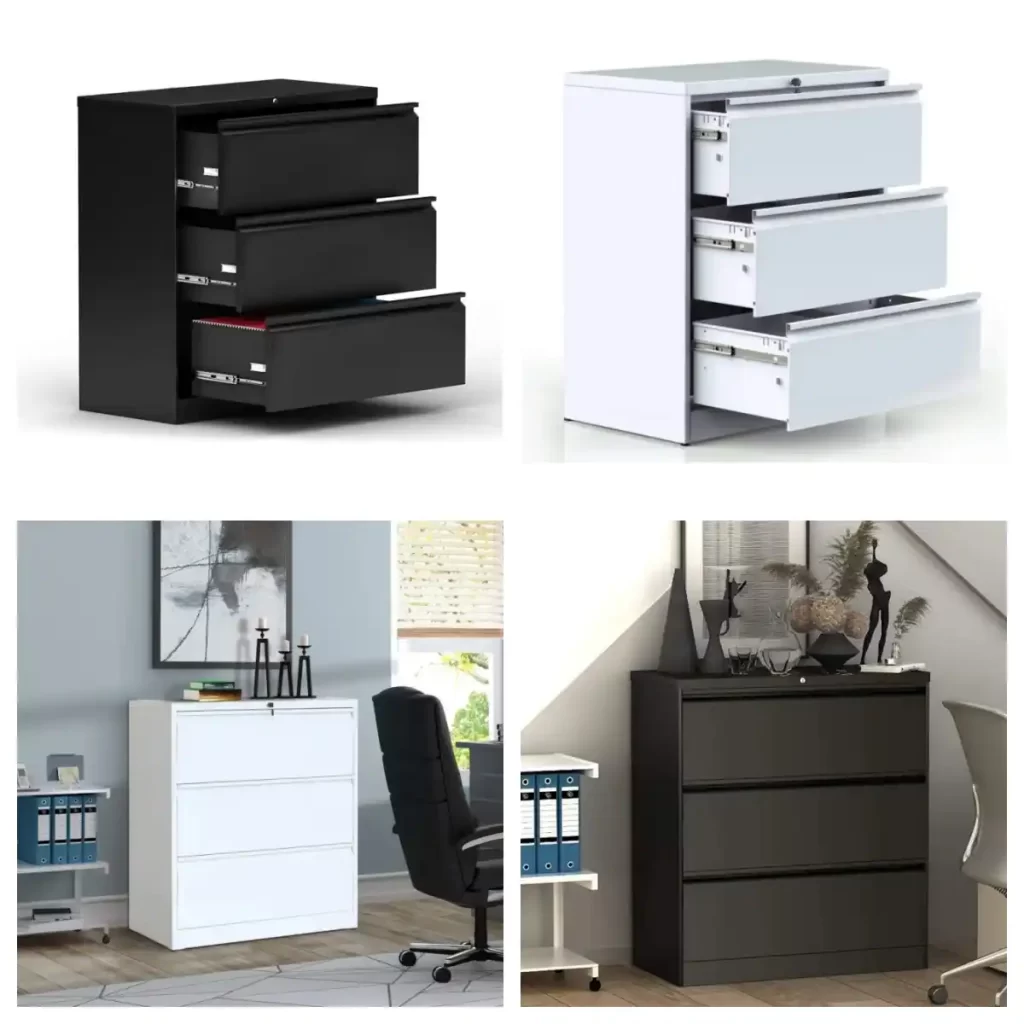 black and white 3-drawer wide filing cabinet