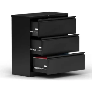 black wide filing cabinet with 3 drawers