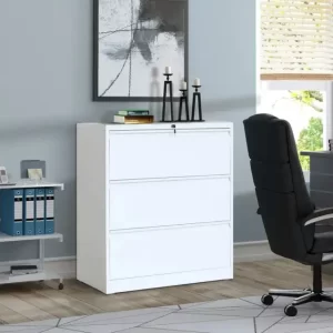white 3-drawer wide filing cabinet