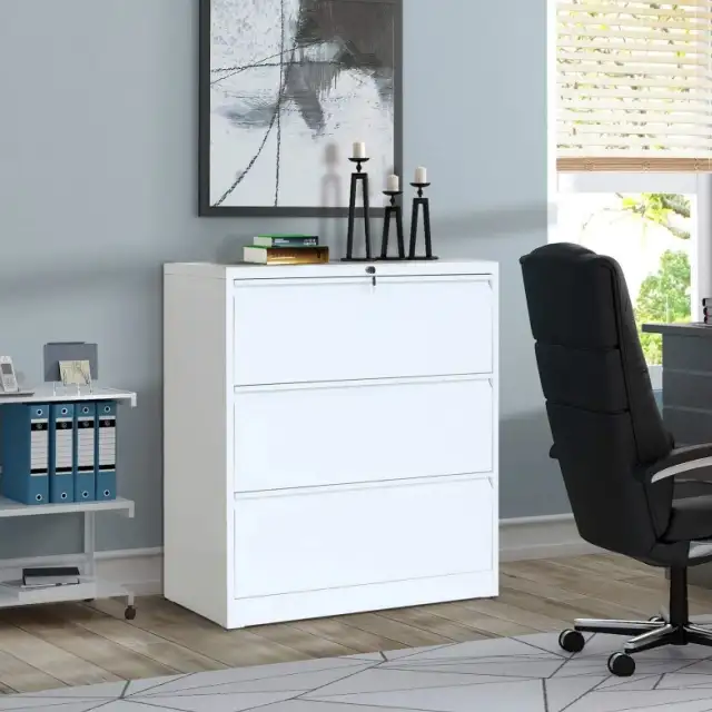 white 3-drawer wide filing cabinet